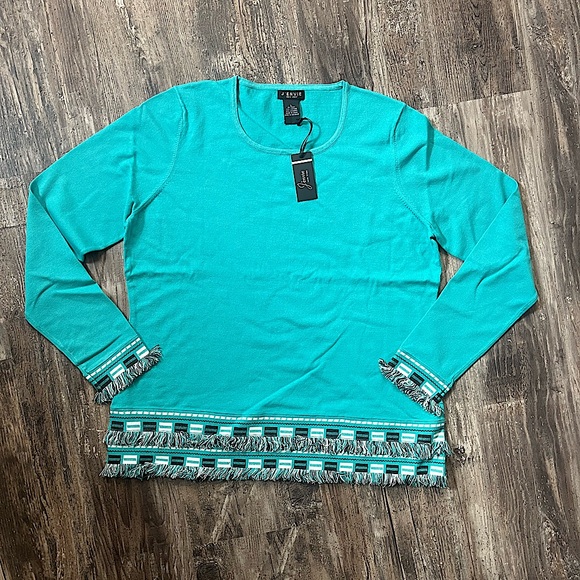 J’Envie Long Sleeve Blouse Top Blue Teal Fringe Detail Western Women’s Size L - Picture 2 of 11